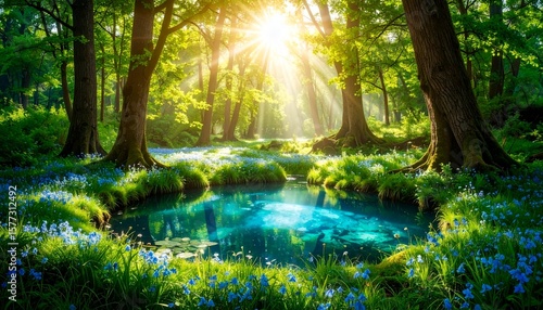 a clearing with a magical spring bubbling in a mystical enchanted forest