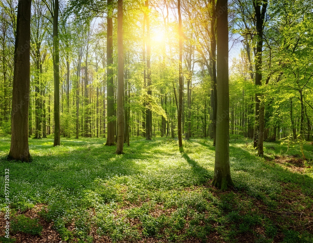 Obraz premium beautiful forest panorama in spring with bright sun shining through the trees