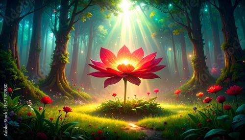 a clearing with a giant magical flower in a mystical enchanted fore