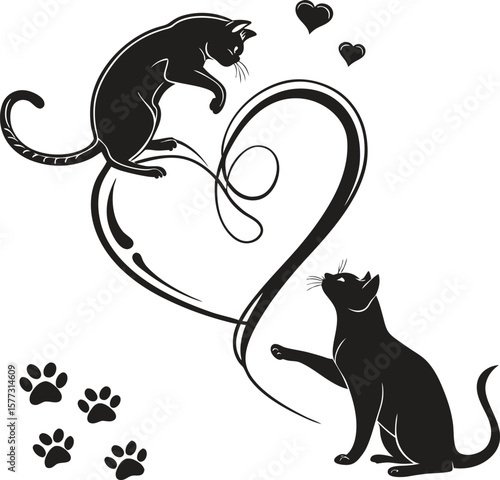 Two black cats interacting with a stylized heart and paw prints