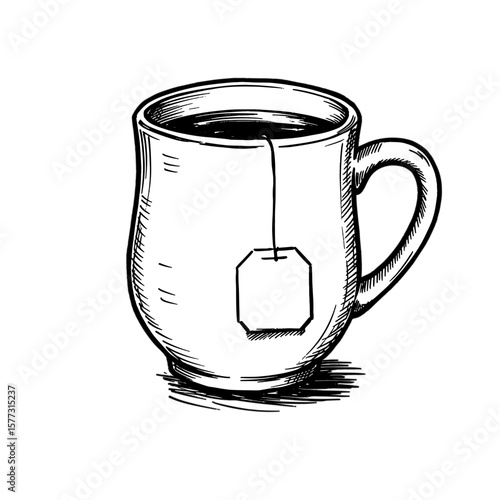 Cup of tea with a teabag inside Hand-drawn sketch black and white illustration - tea mug doodle










