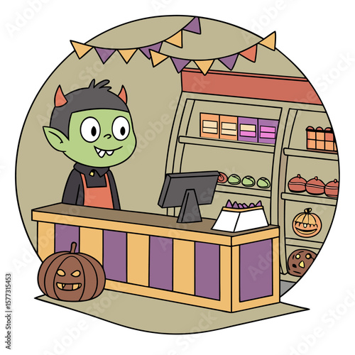 Cartoon halloween scene featuring a green skinned goblin behind a counter in a shop with pumpkins around it