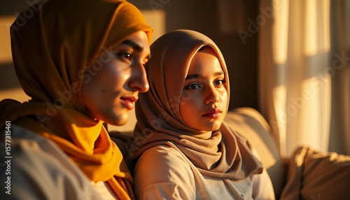 Close Up Portrait of Two Women in Hijabs in Warm Sunlight