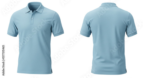 A blue short sleeve polo shirt shown from the front and back isolated on white