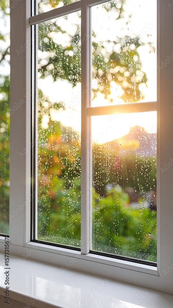 Naklejka premium Window view of sunset through rain