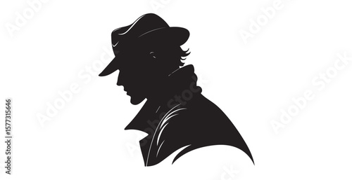 Mysterious man in fedora hat and trench coat silhouette