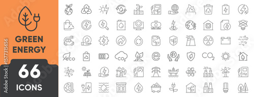 Green Energy Line Icon Set. Set of 66 outline icons including solar panel, wind turbine, eco light, recycling, battery, leaf, and renewable sources. Editable stroke. Linear vector illustration.
