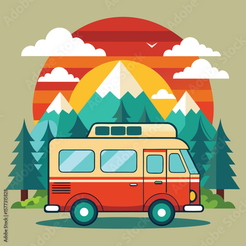 Vintage campervan illustration set against mountain scenery and colorful sunset depicting travel and adventure