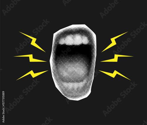 Screaming mouth in halftone style with lightning elements,vintage collage cut out element.ai