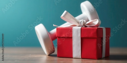 White dumbbell atop gift box, Black Friday fitness sale , fitness, healthy