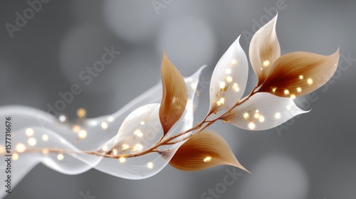 Elegant branch with translucent leaves adorned with golden sparkles on soft grey background