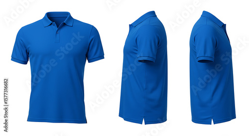 A blue polo shirt displayed from front, side, and rear perspectives