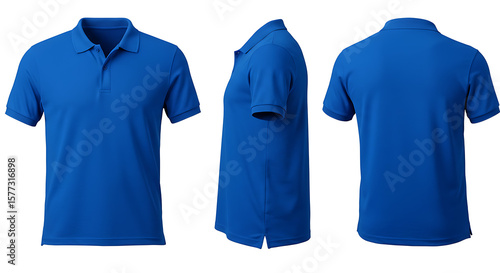Blue polo shirt shown from front, side, and back views isolated on white