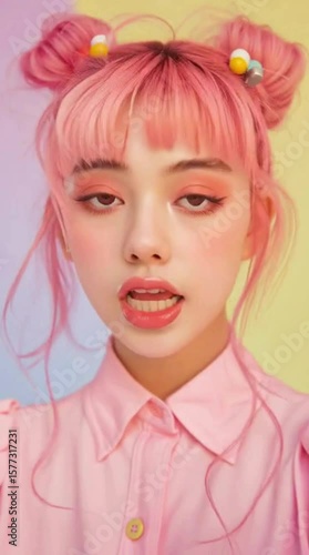 Kawaii Portrait of Playful Stylish Woman in Pastel Fashion