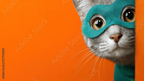 A curious cat in a teal superhero suit with a mask peeking out on a solid orange background with cute inquisitive energy
