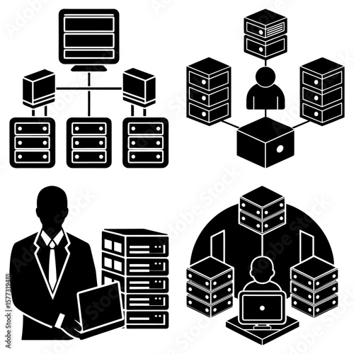 Illustration showing server network configurations and data management with silhouette figures and devices
