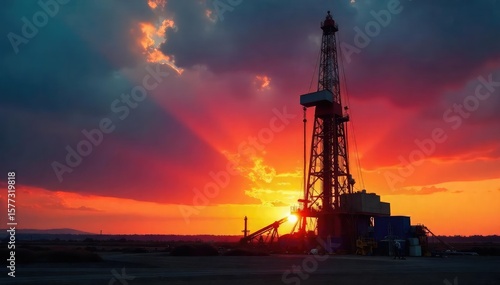 A drilling rig silhouetted against a dramatic sunset, powerful machinery extracting natural gas from the earth The scene showcases the scale and impact of energy production , oil rig, power