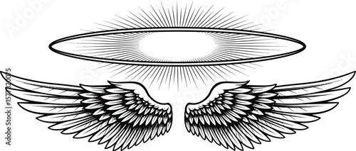 Illustration of angel wings and halo with radiating light on white