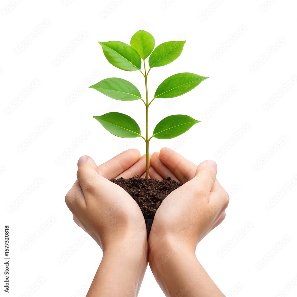 Hands gently holding a young green plant with soil isolated on transparent background isolated on white background Hands gently holding a young green plant with soil isolated on transparent background isolated on white background