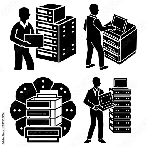 Illustrations of men interacting with server racks and computers in black and white style