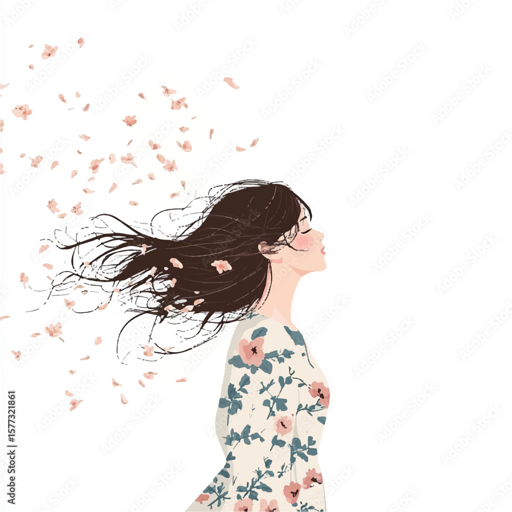 Naklejka premium a girl in floral dress hair blown