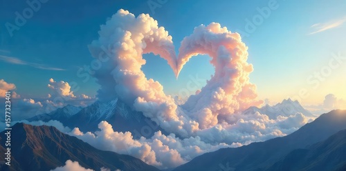 Intricate, swirling formations of lenticular clouds resembling a majestic, ethereal heart shape over a mountain range A breathtaking display of atmospheric wonder , heart cloud, ethereal