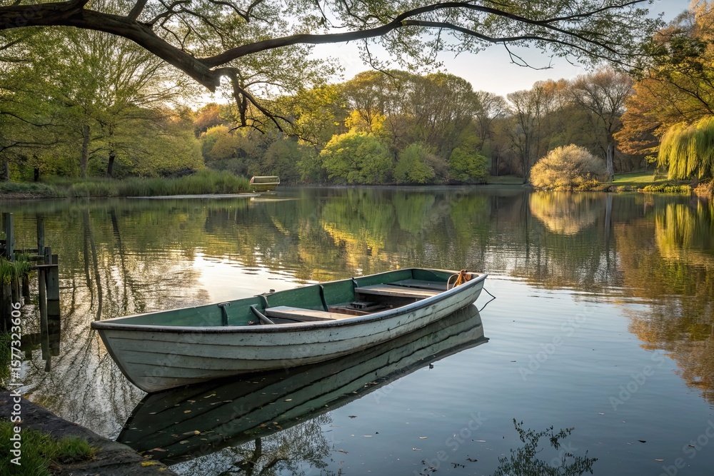 Obraz premium Weathered wooden boat on tranquil lake shore with lush forest background. Cloudy sky reflecting in calm water