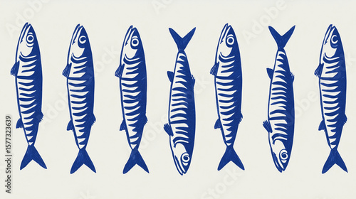 Artistic depiction of blue striped sardines fish arranged in a row against a light background, showcasing a nautical theme. Coastal poster.