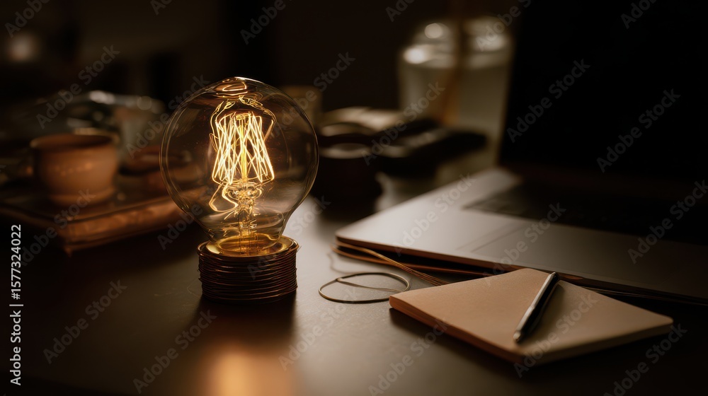 Fototapeta premium Vintage light bulb glowing on a desk with a laptop and stationery, an idea concept