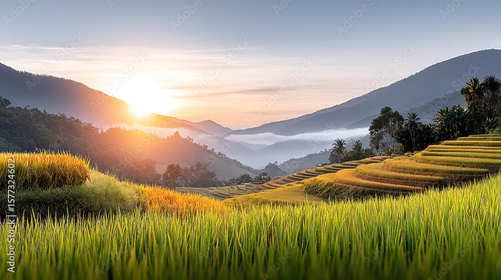 Obraz premium Golden Terrace Fields at Dawn: The vibrant sun rises over a serene, terraced rice field, casting golden hues across the landscape, creating a peaceful dawn vista.