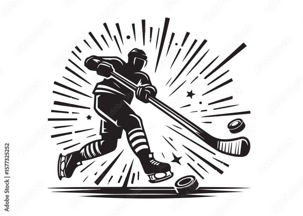 Obraz premium hockey stick logo silhouette and puck vector, hockey stick logo icon silhouette, ice hockey player silhouette vector illustration, hockey stick and puck logo silhouettes vector on a white background