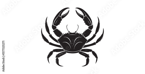 Bold black crab silhouette with raised claws on white background