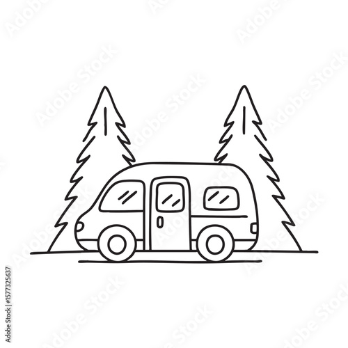 A camper van parked beside a wooded hiking trail
