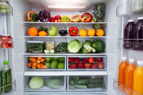 Wallpaper Mural Bright fridge with tidy fruits, veg, drinks in sleek modern kitchen cool box. Torontodigital.ca