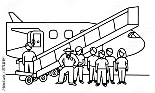 People landing from an airplane in airport. Disembarkation. Vector illustration