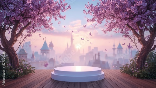 Fantasy Cherry Blossom Pedestal Stage with Fairytale Castle Skyline – Magical Spring Product Display Background