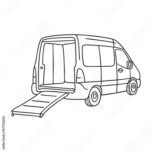 A loading ramp extended from the rear of a parked delivery van