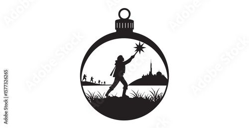 Christmas ornament scene with a man holding a star and people walking silhouette