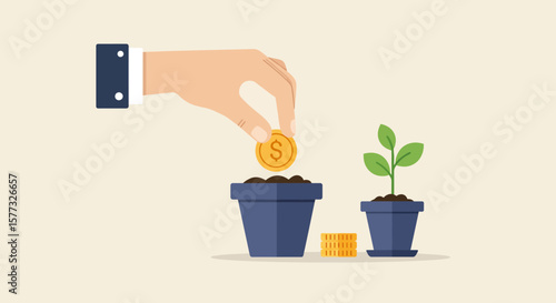 Planting for the Future Hand Placing Coin in Pot with Growing Plant Illustration for Financial Growth and Success