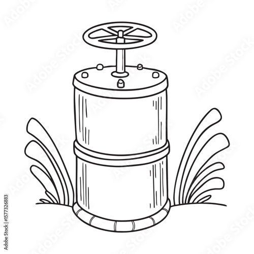 A corroded valve fixed to an old metal barrel in a backyard