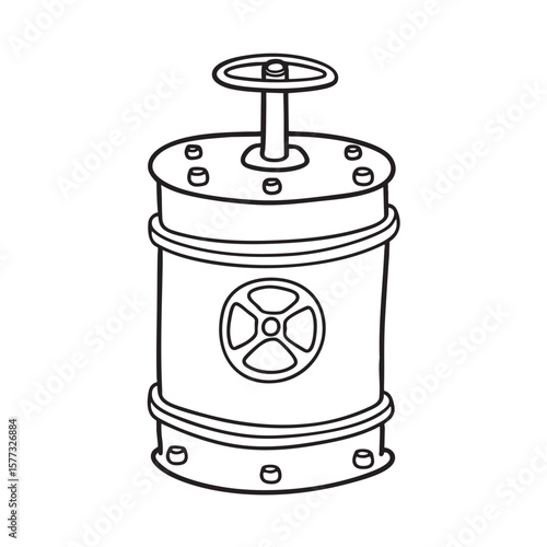 An oxidized valve sticking out from a rusted drum outdoors