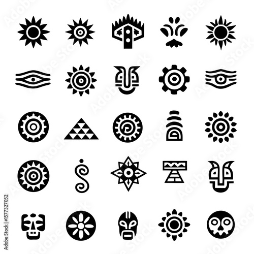 Mayan & Aztec Symbol Collection – Sun, Serpent, Temple & Glyphs in Vector Tribal Style for Tattoo Art, Cultural Branding, and Historical Designs