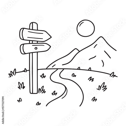 A direction sign posted near a rugged trail entering the valley