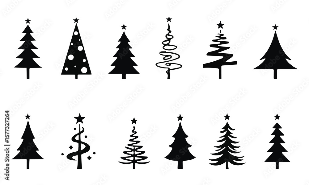 Obraz premium Festive Christmas Tree Icons in Black for Seasonal Graphic Design