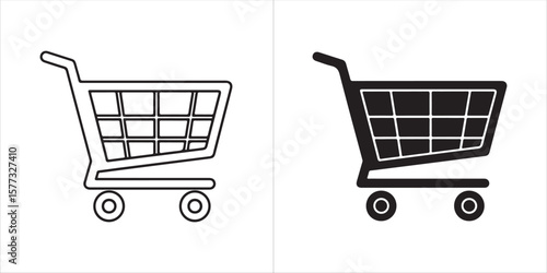 Shopping Cart Icons in Black and White Simple Line Drawing and Solid Fill for Retail and E-commerce