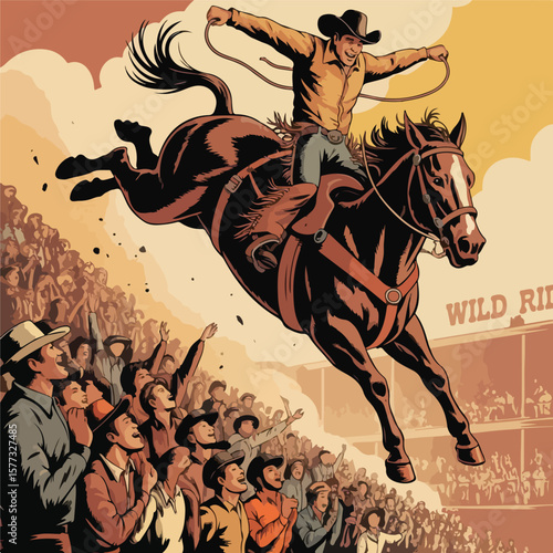 Vintage Rodeo Illustration – Cowboy Riding Bucking Bronco in Mid-Air
