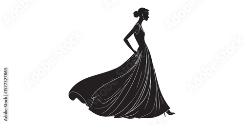 Elegant woman in a flowing black gown with a stylish updo silhouette