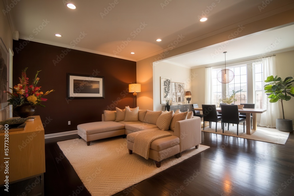 Fototapeta premium Elegant residential interior featuring an open-concept living and dining area