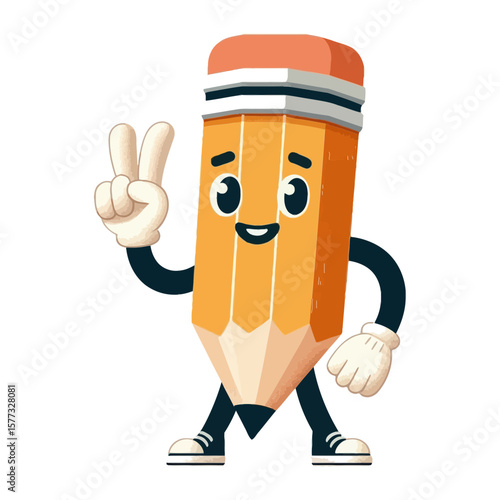 A cute cartoon pencil mascot character with a happy face showing a peace sign. Ideal for websites and blogs on education, school, writing, creativity, and kids' learning activities.