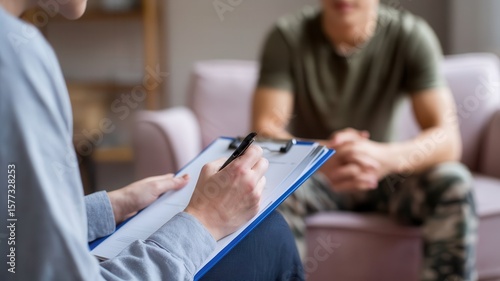 Veteran receives mental healthcare with a therapist taking detailed notes